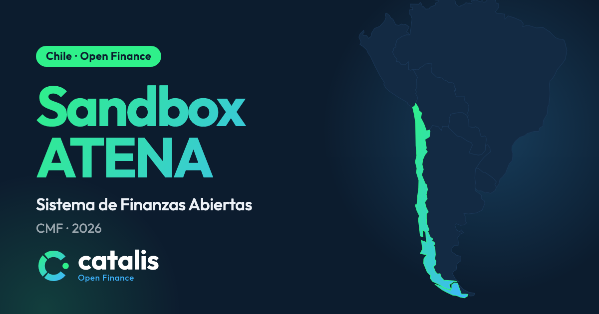Mapa do Chile em destaque, com o título Sandbox ATENA, Sistema de Finanzas Abiertas